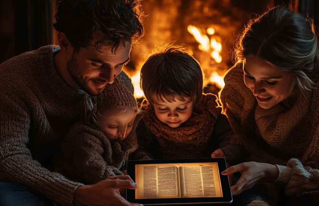 Family Using Technology Together: A family reading the Bible on a tablet, symbolizing tech use for spiritual growth.